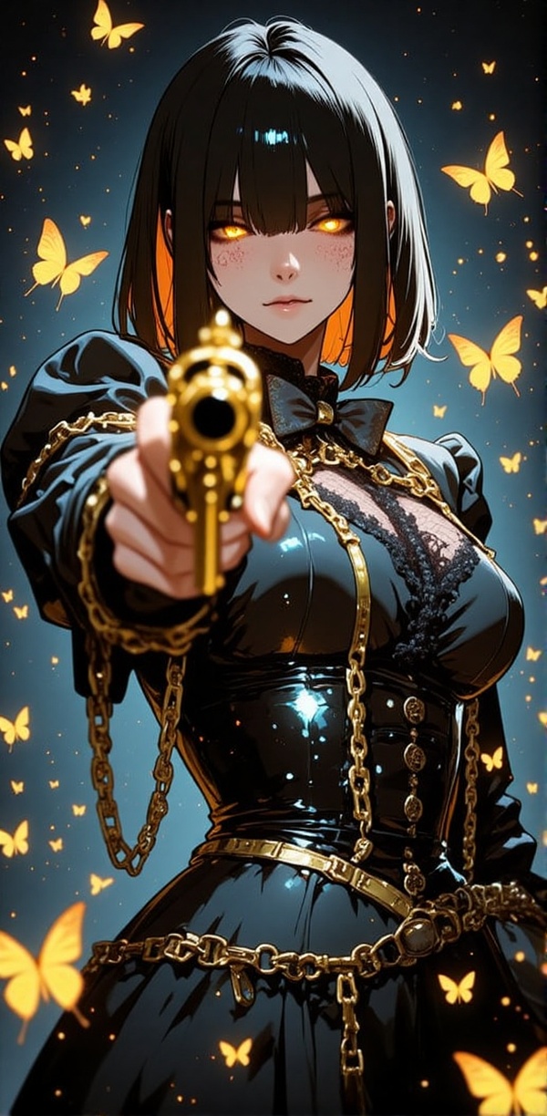 The image depicts a character in a Victorian-style outfit,  adorned with intricate lace and gold chains. The character is...