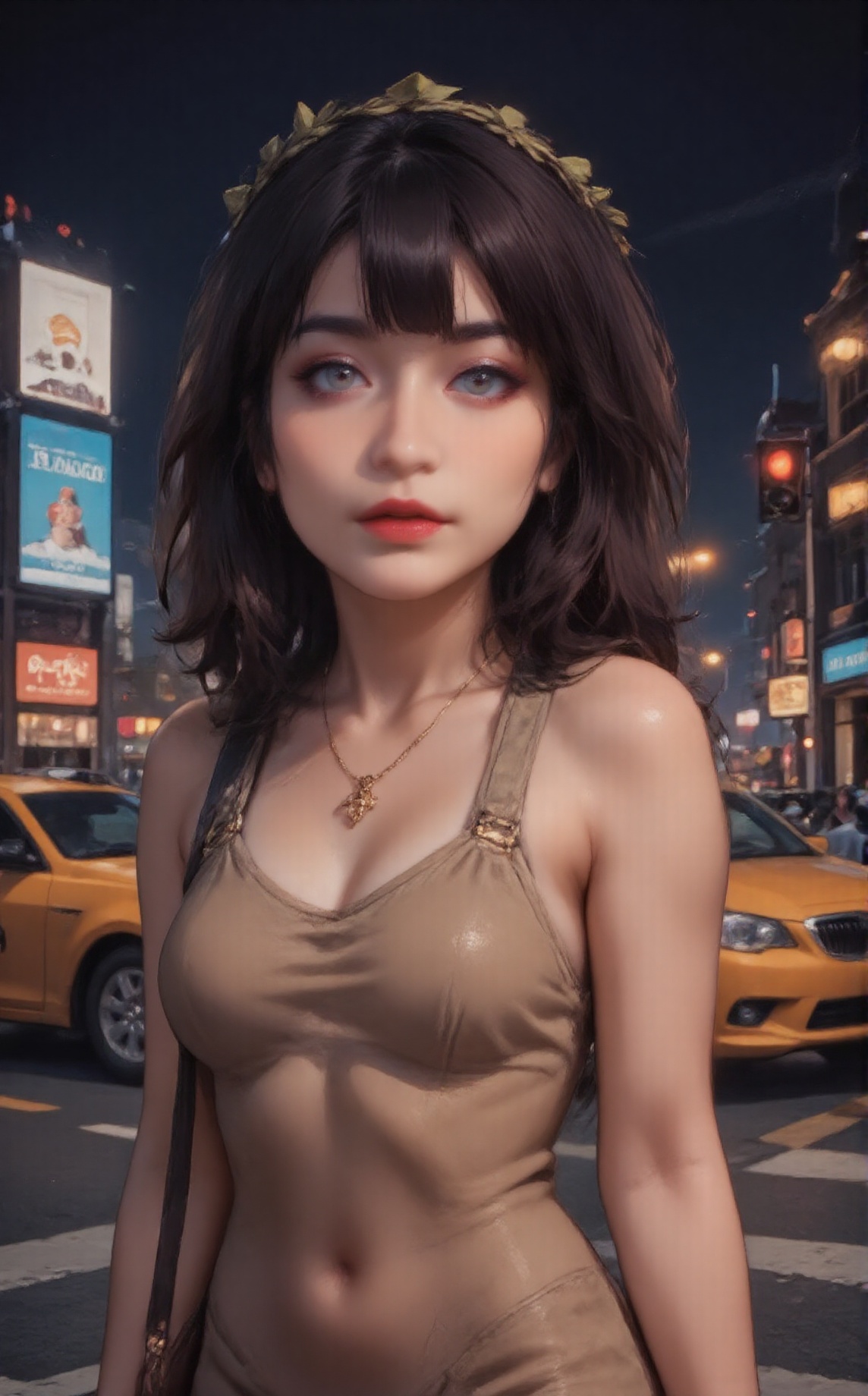 Ultra-realistic night-time city street scene,  a beautiful young woman with long straight dark hair standing at a crosswal...