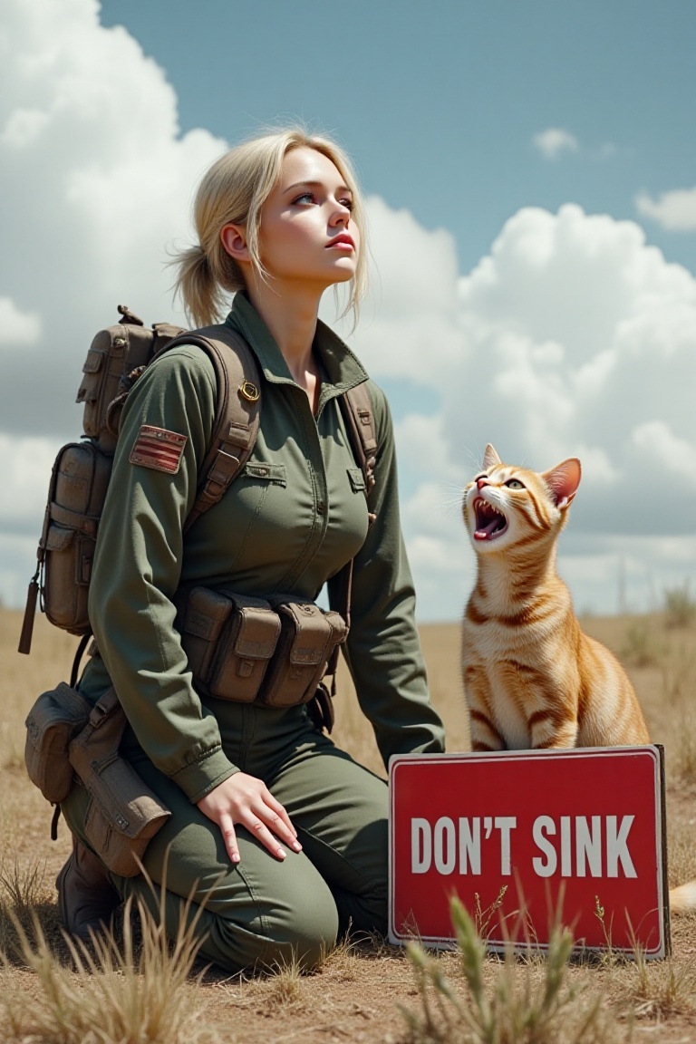 A blonde woman with her hair pulled back and looking up towards the sky,  is depicted kneeling on dry,  grassy ground on T...