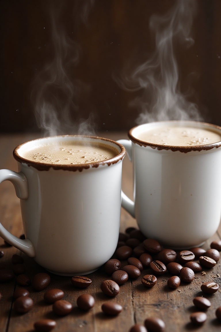 Two white ceramic mugs with irregular brown glazed rims,  each filled with steaming hot coffee topped with a layer of foam...