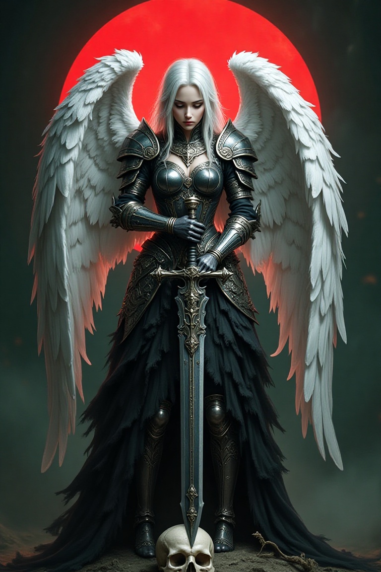 A pale-haired female warrior with closed eyes and a solemn expression,  adorned in dark,  ornate armor with large white fe...