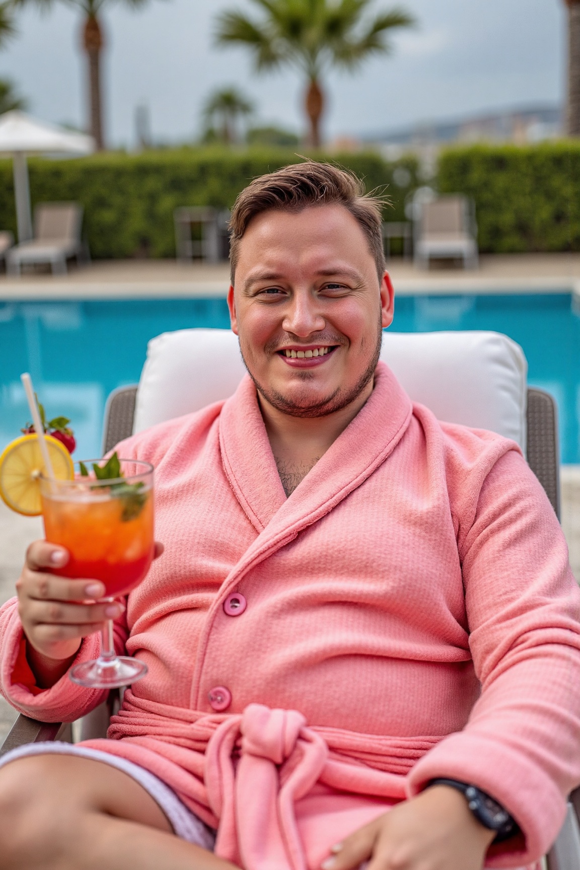 A high resolution professional portrait photograph of m4rsh1dlr man,  dressed in a pink dressing bathrobe,  sitting on a p...