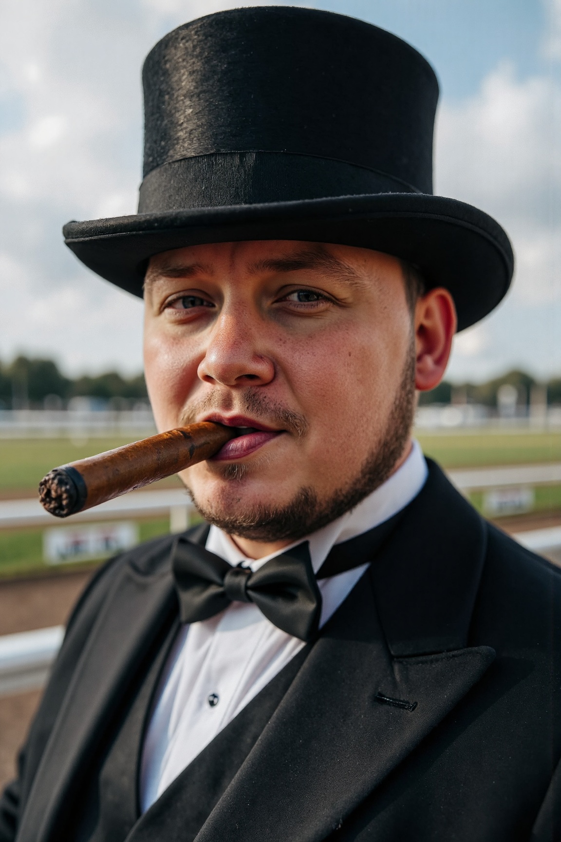 A high resolution professional portrait photograph of m4rsh1dlr man,  wearing a top hat & tails,  chomping on a large ciga...