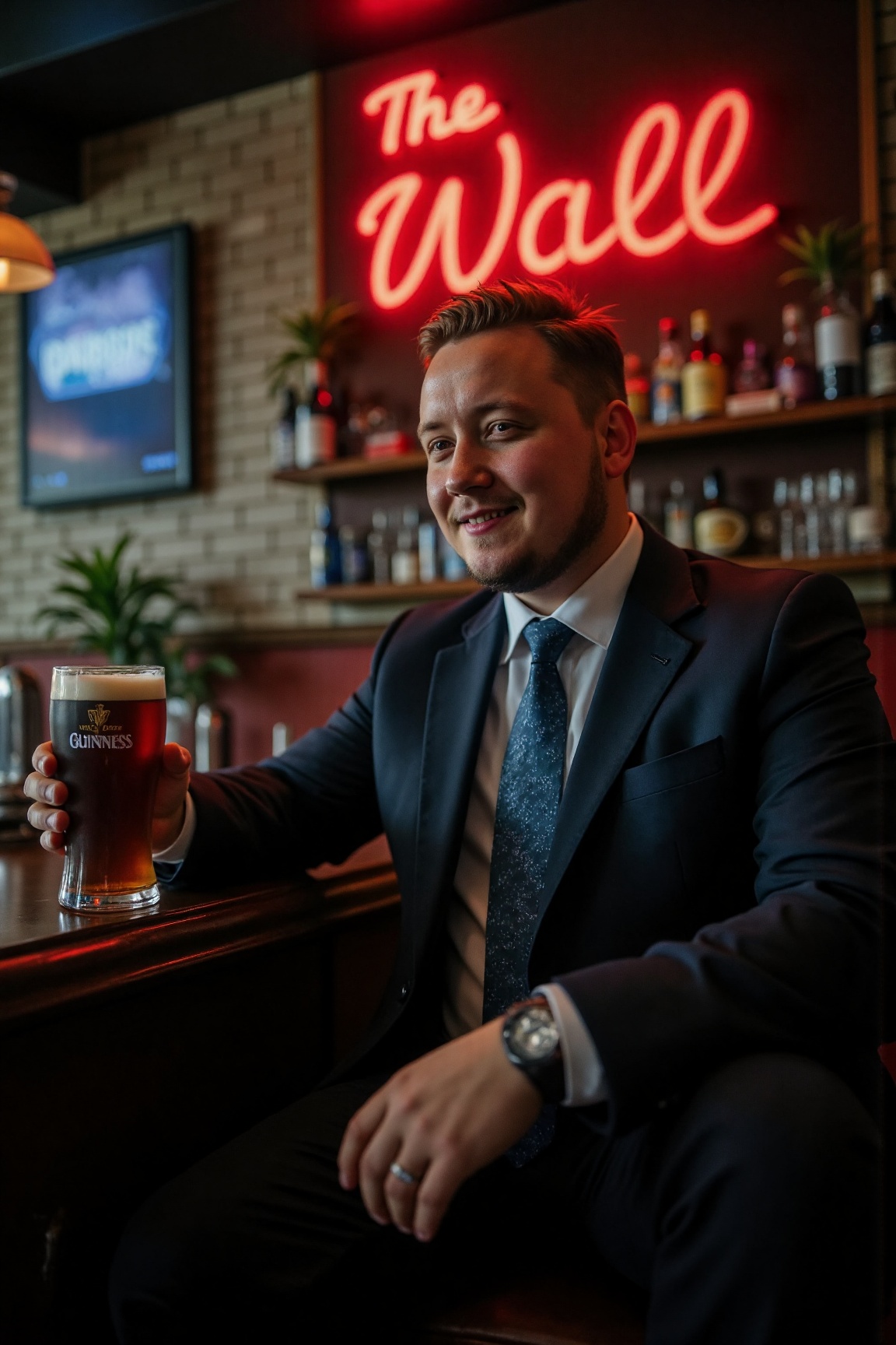 A high-resolution professional portrait photograph of a man sitting at the bar in a retro neon "The Wall" bar,  holding a...