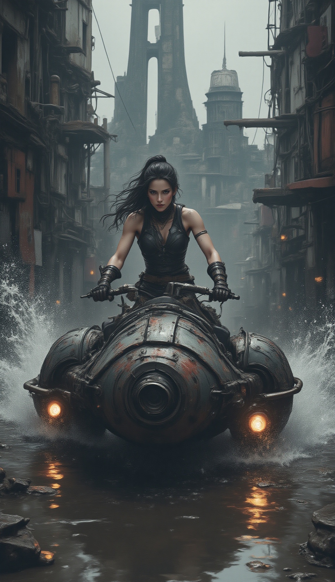 A dynamic,  low-angle,  full shot of a woman riding a futuristic on Tensor.Art
