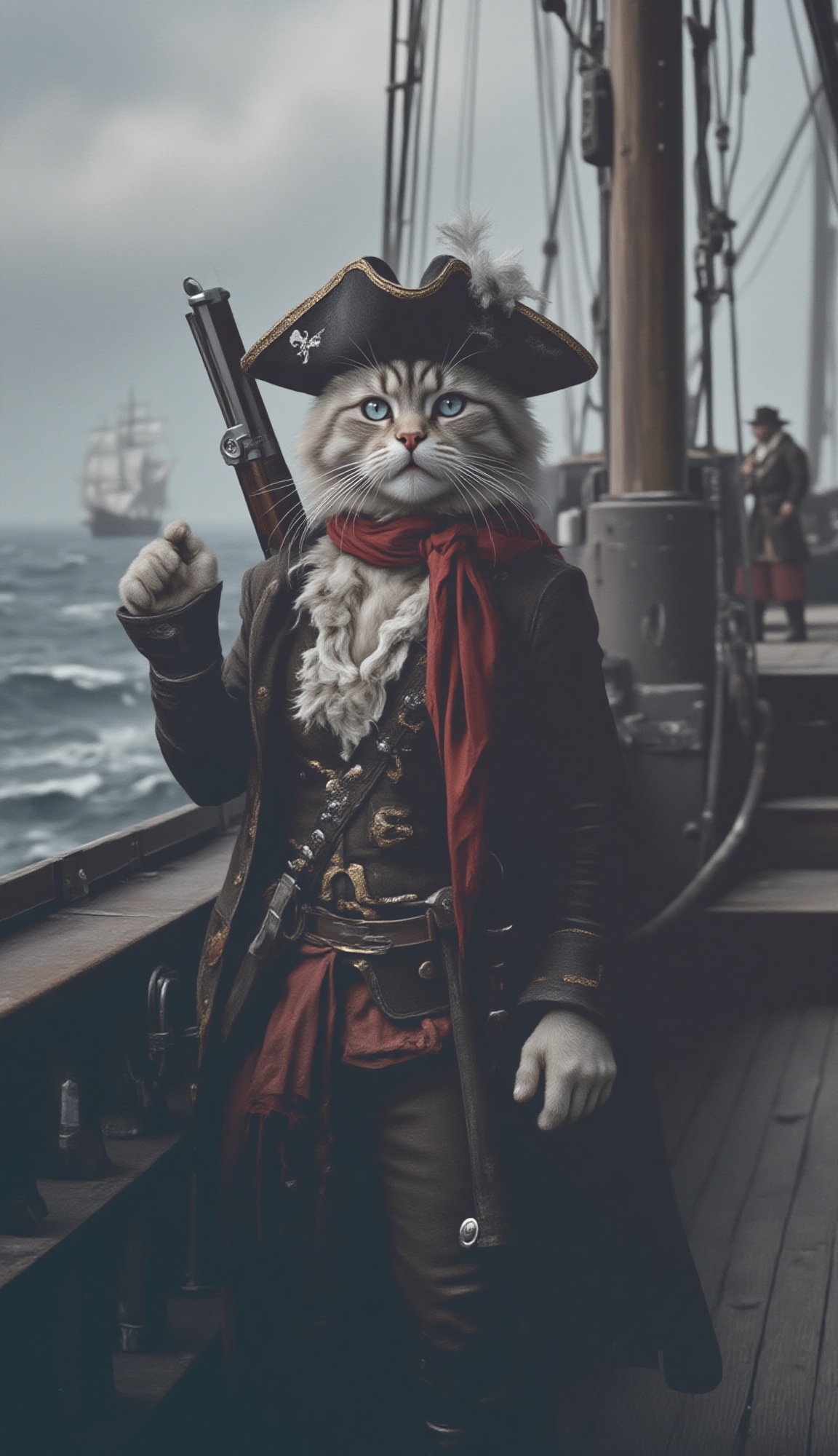 A realistic,  medium close-up shot of a fluffy grey tabby cat dressed as a pirate on the deck of a ship. soft pose,  The c...
