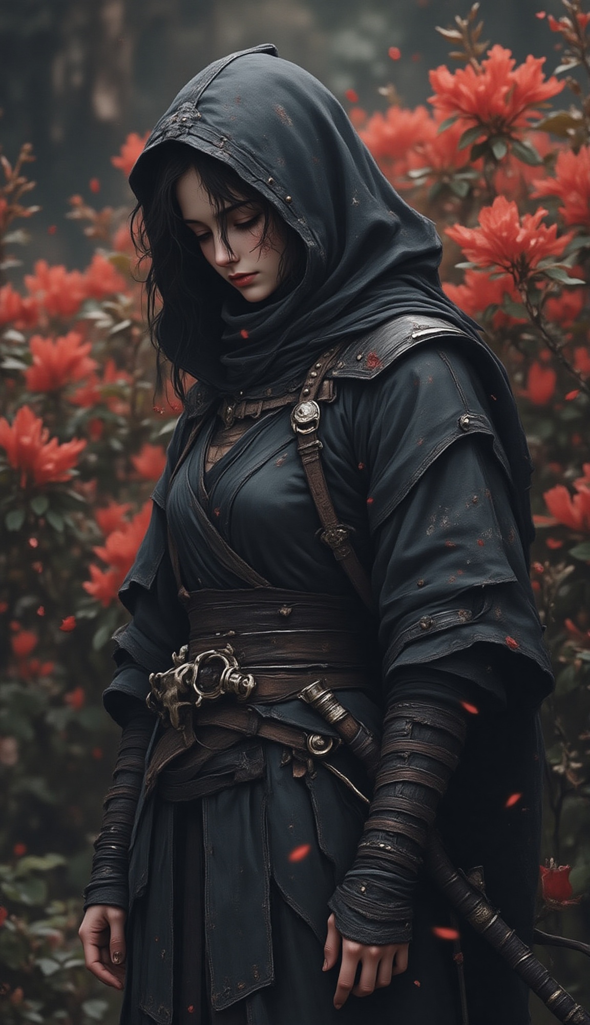 A realistic,  vertical,  mid-shot of a hooded figure on Tensor.Art