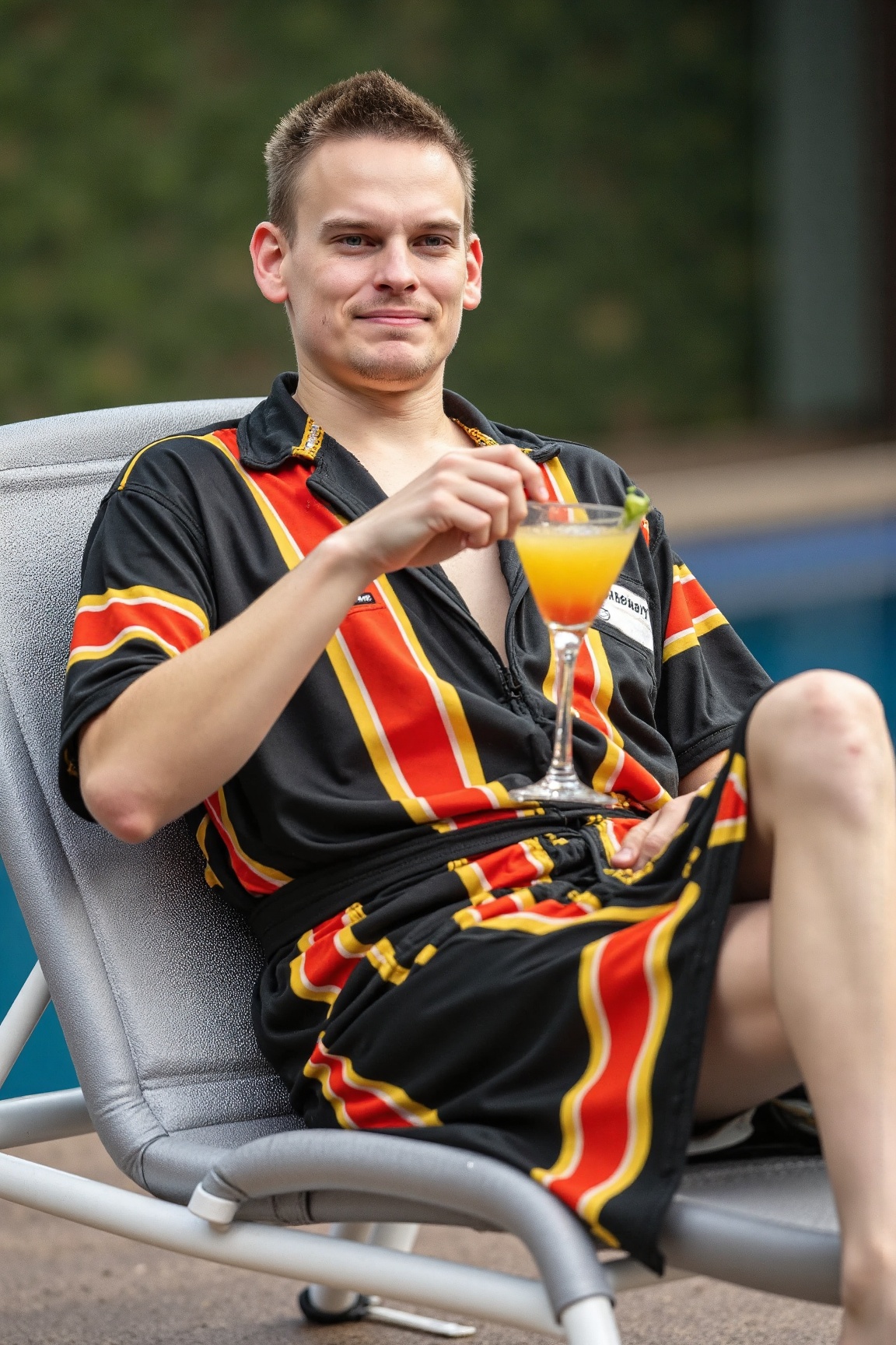 A high resolution professional portrait photograph of p1k4ch00 man,  dressed in a black,  red & yellow striped bathrobe on...