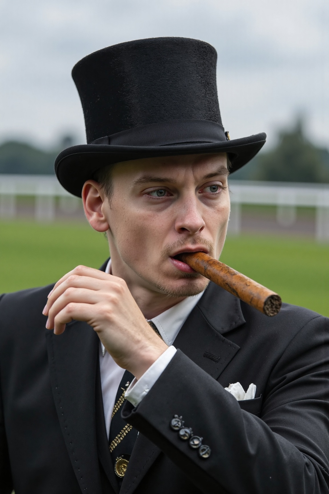 A high resolution professional portrait photograph of p1k4ch00 man,  wearing a top hat & tails,  chomping on a large cigar...
