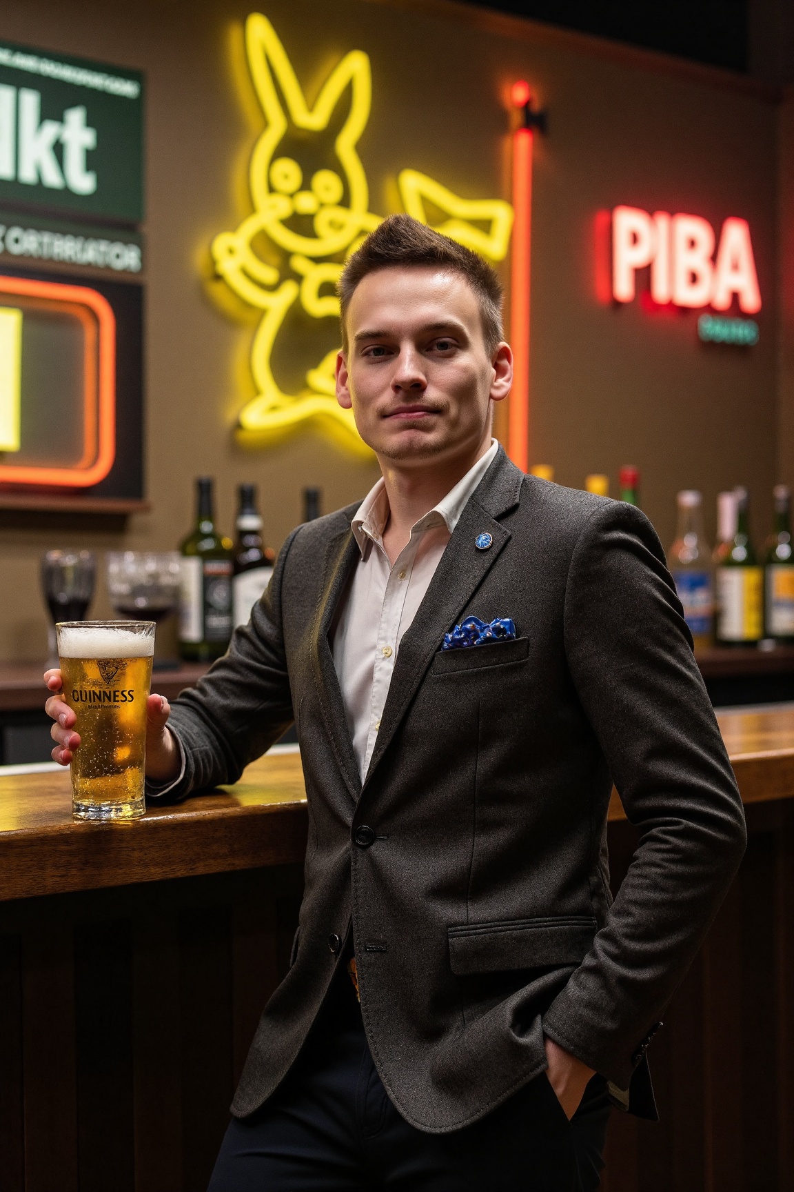 A high-resolution professional portrait photograph of a p1k4ch00 man sitting at the bar in a retro neon "Pikachu" bar,  ho...