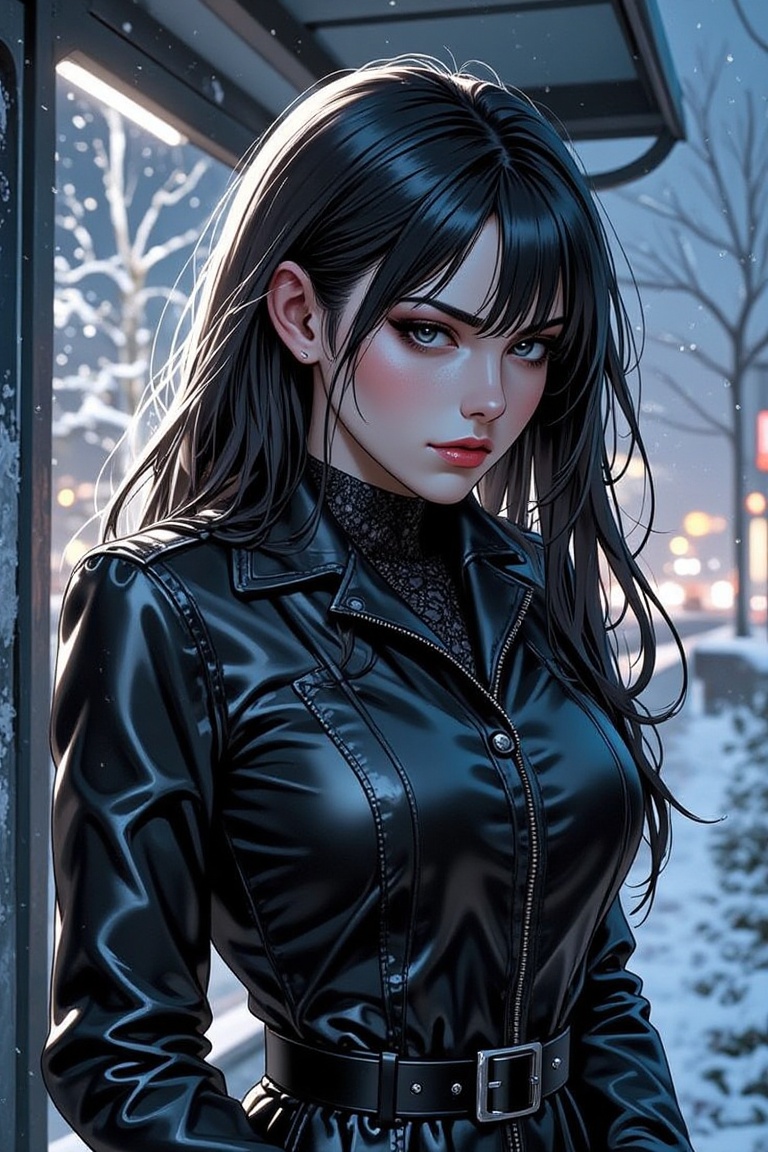 A woman in Gothic attire,  her expression a mix of resignation and strength,  stands at a frost-covered bus stop. Her eyes...
