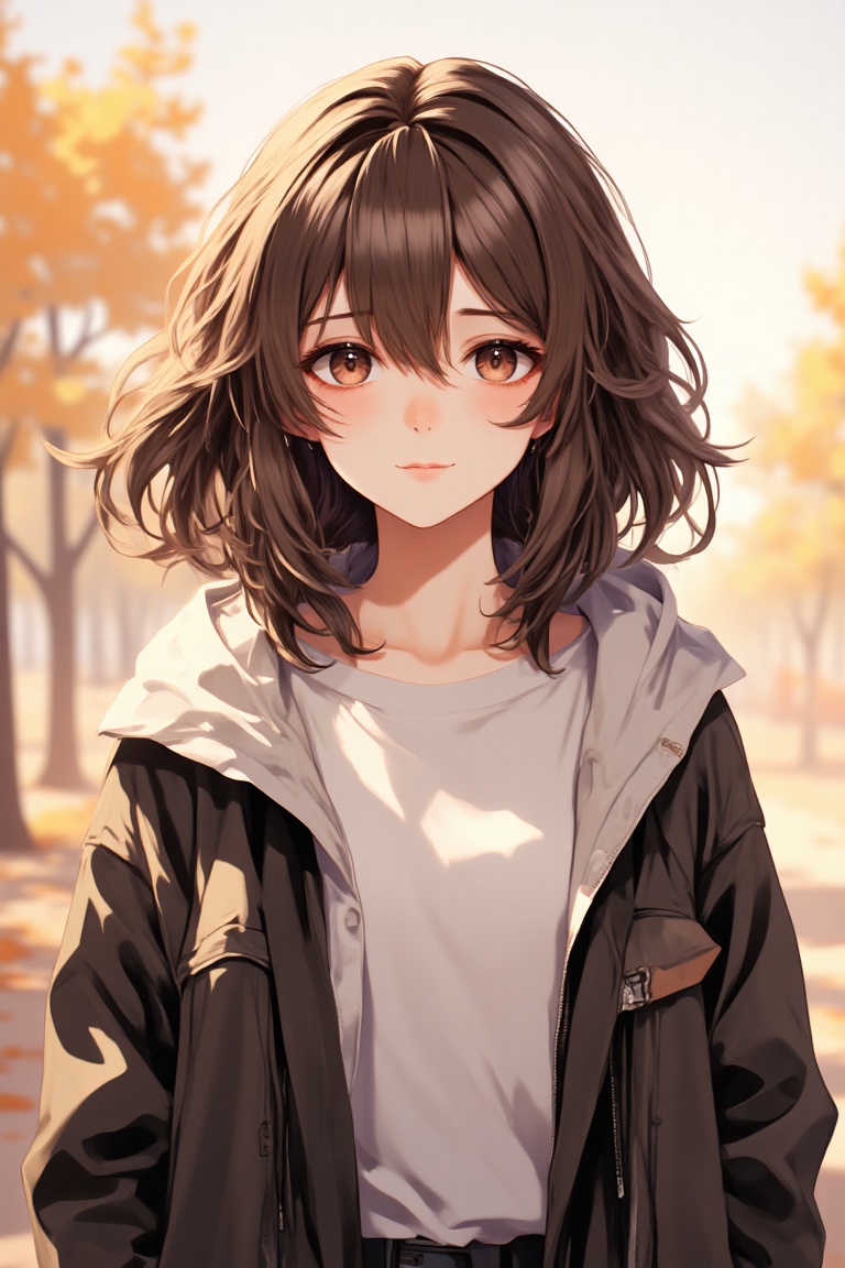 A 20-year-old girl with medium-length hair,  wearing a casual outfit,  standing outdoors on a sunny day on Tensor.Art