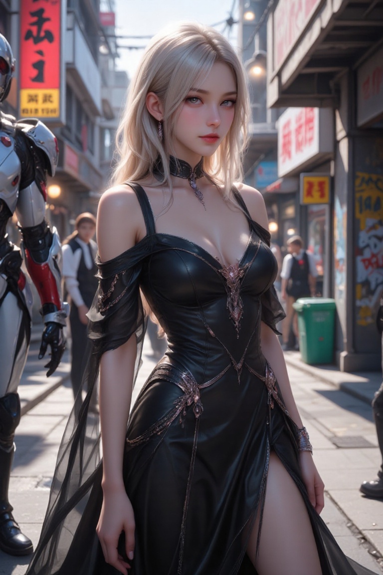 A photorealistic beautiful girl in an elegant black dress with shimmering rose gold embellishments stands in a detailed ur...