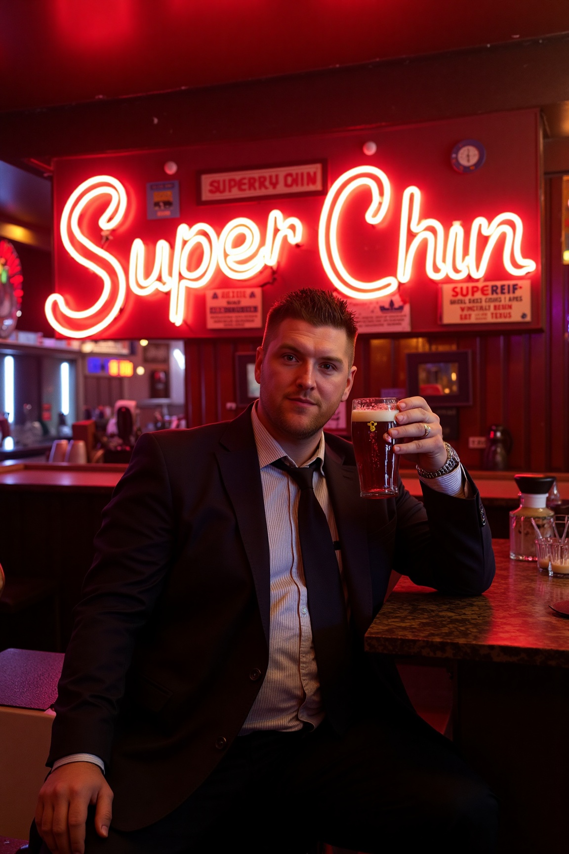 A high-resolution professional portrait photograph of a man sitting at the bar in a retro neon "SuperChin" bar,  holding a...