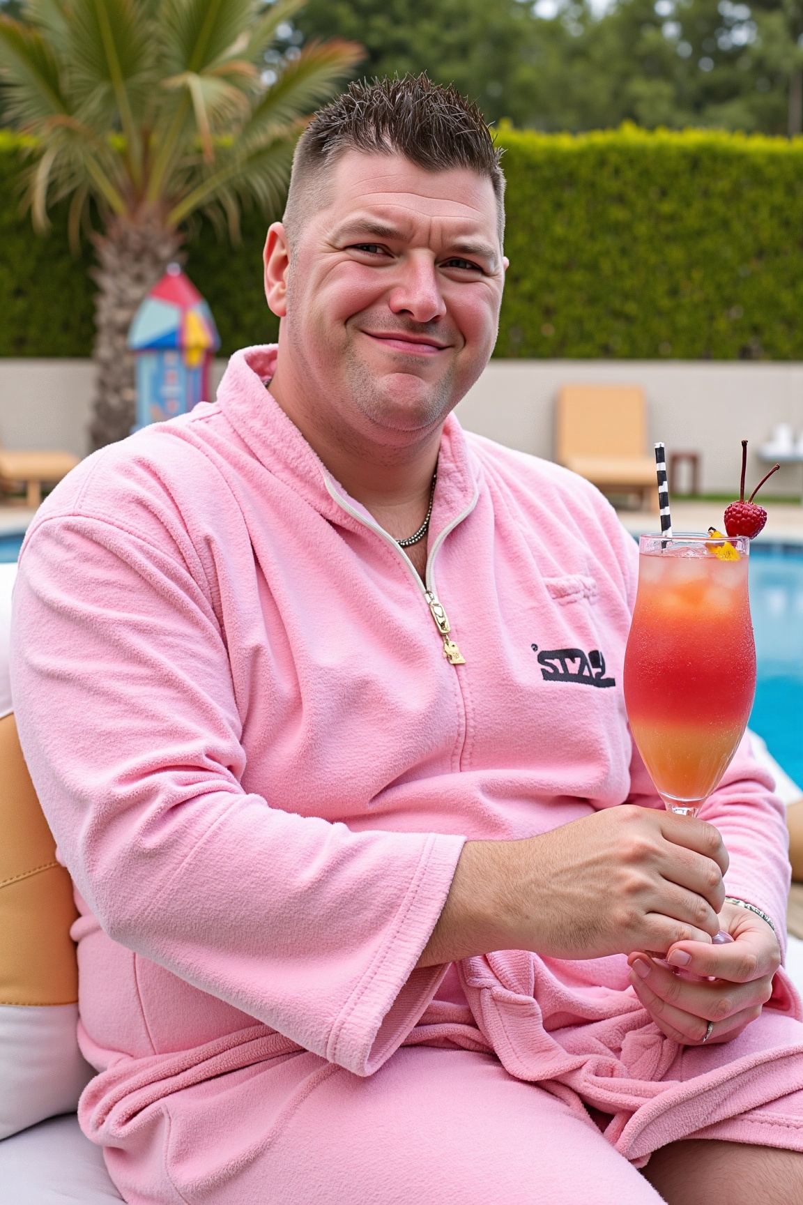A high-resolution professional portrait photograph of a man dressed in a pink dressing bathrobe,  sitting on a poolside su...