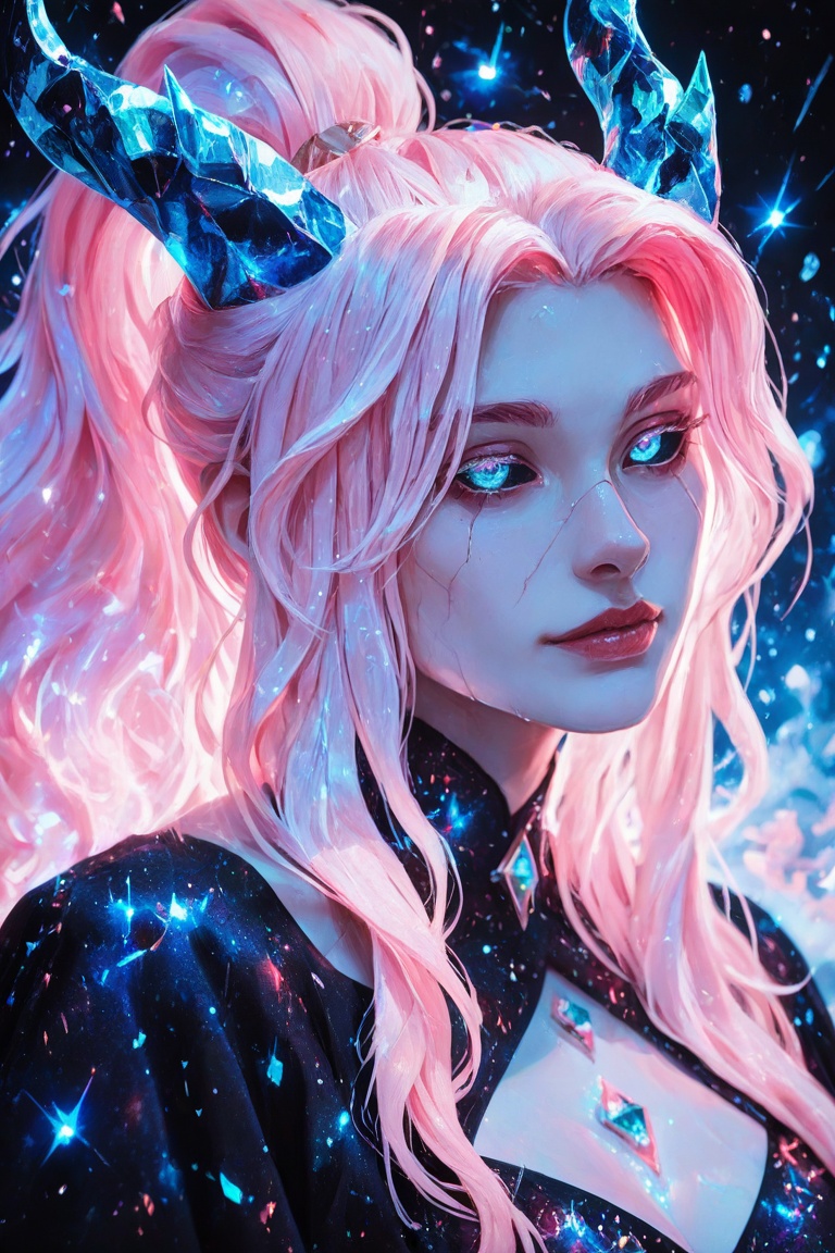portrait Impressionism pastel,  a ***** informal emo-rocker female,  pink hair with a peach gradient in ponytail on Tensor...