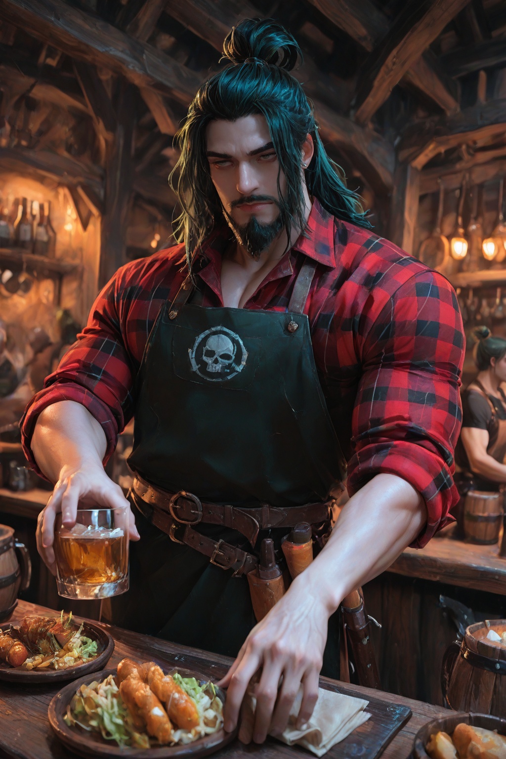 Large burly bartender cleaning a glass with a handkerchief,  male focus,  light grey skin on Tensor.Art