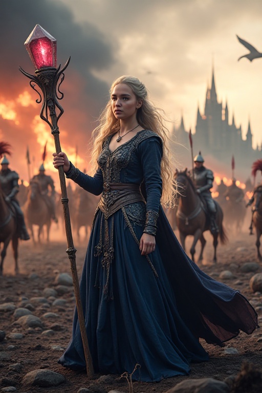 Emilia Clarke is a stunningly beautiful sorceress,  her eyes aglow with fierce determination,  standing tall amidst the ch...