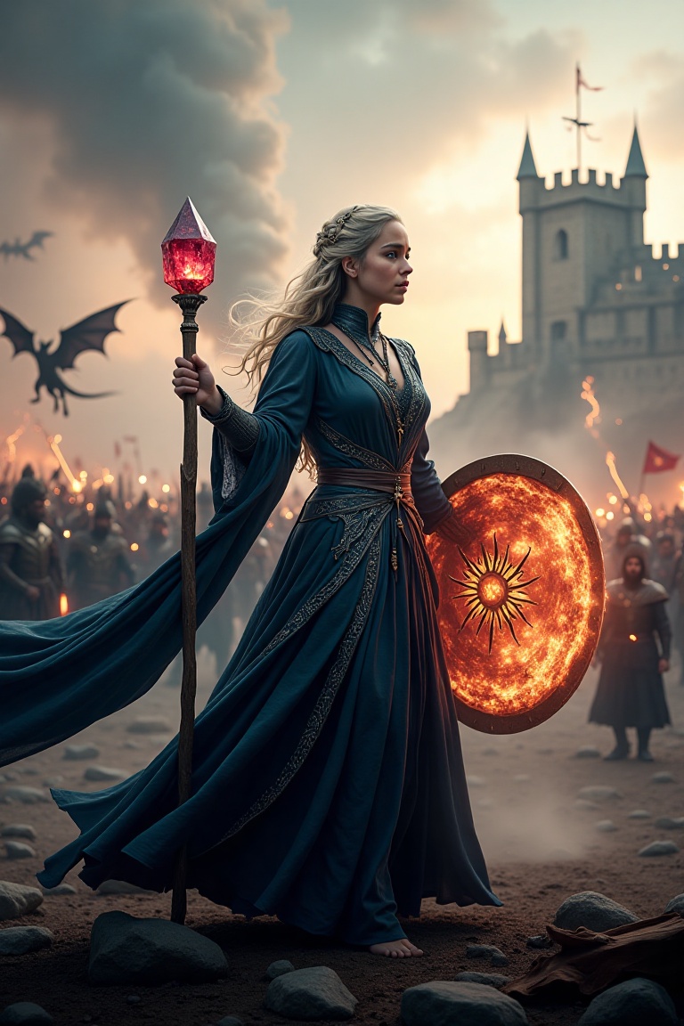 Emilia Clarke is a stunningly beautiful sorceress,  her eyes aglow with fierce determination,  standing tall amidst the ch...