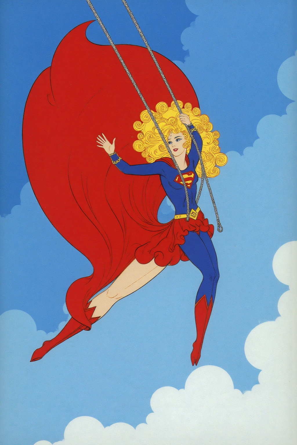 erte1 illustration. Supergirl on a swing,  soaring through the air with flowing,  red cape trailing behind her. She is pos...