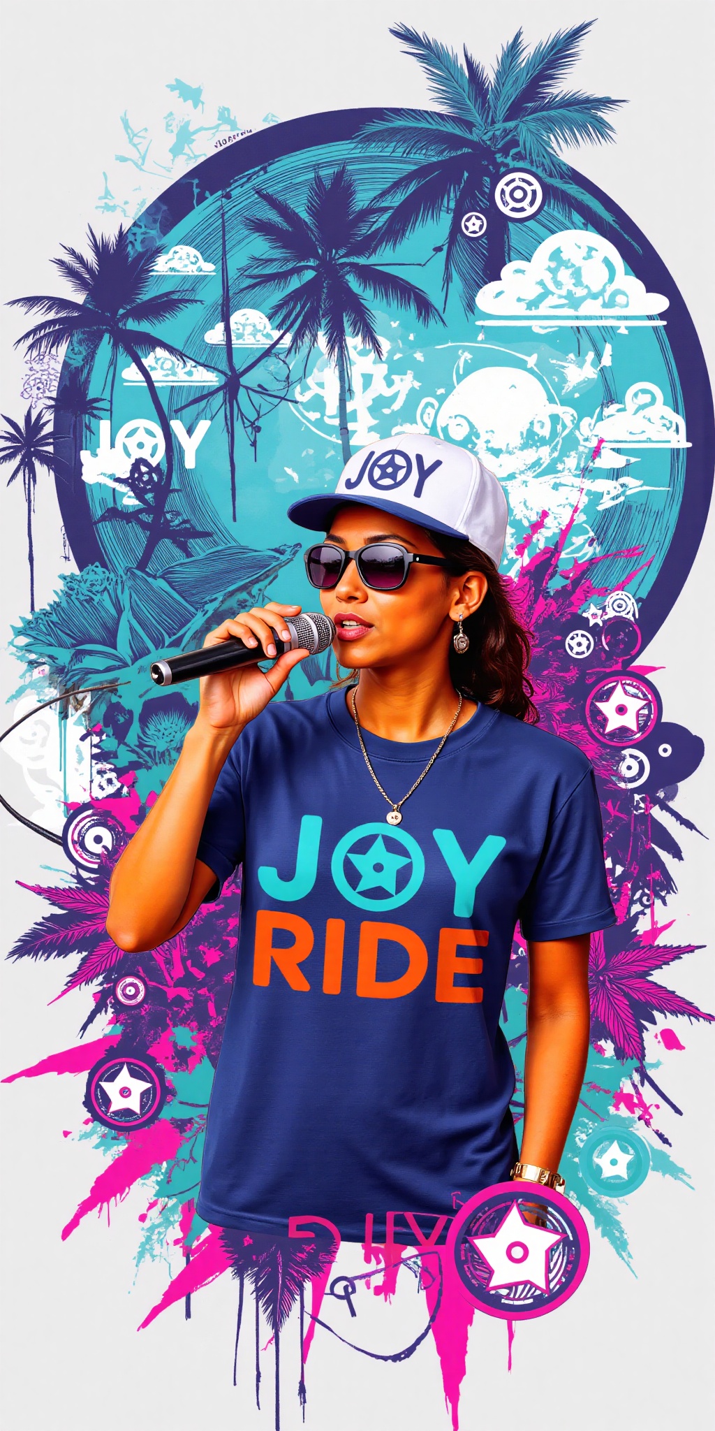 A vibrant,  high-quality abstract illustration featuring a female rapper wearing baseball cap and sunglasses and holding a...