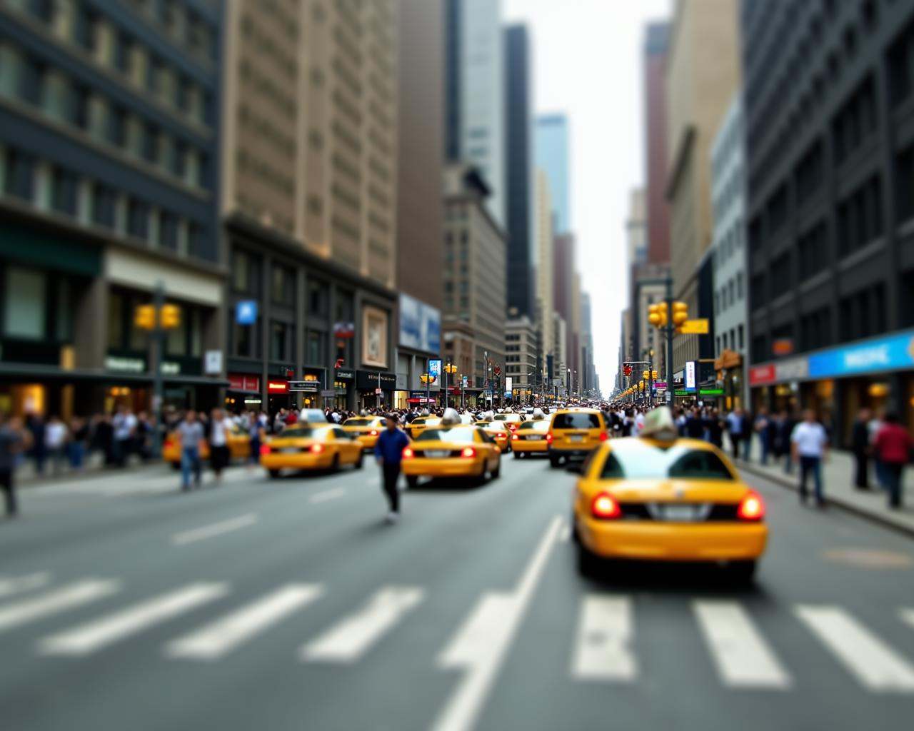 A blurry,  tilt-shift view of a busy city street with multiple yellow cabs and pedestrians. the street is bustling with ac...