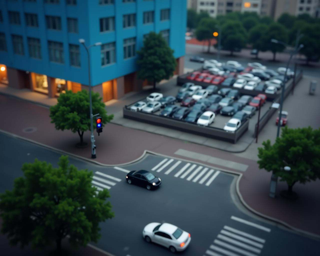 A photo-realistic shoot from a bird's eye view of a city street at night,  featuring a blurred cityscape with a large blue...