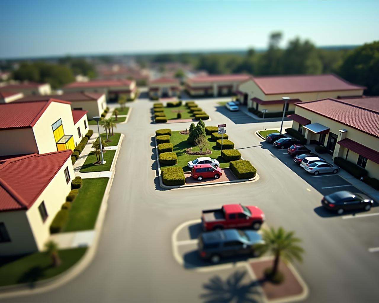 A photo-realistic shoot from a bird's eye view about a detailed view of a cityscape with buildings,  vehicles,  and a park...