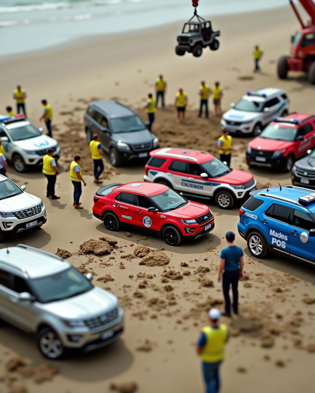 A photo-realistic shoot from a bird's eye view about a chaotic scene of toy vehicles on a sandy beach,  with a blurry back...