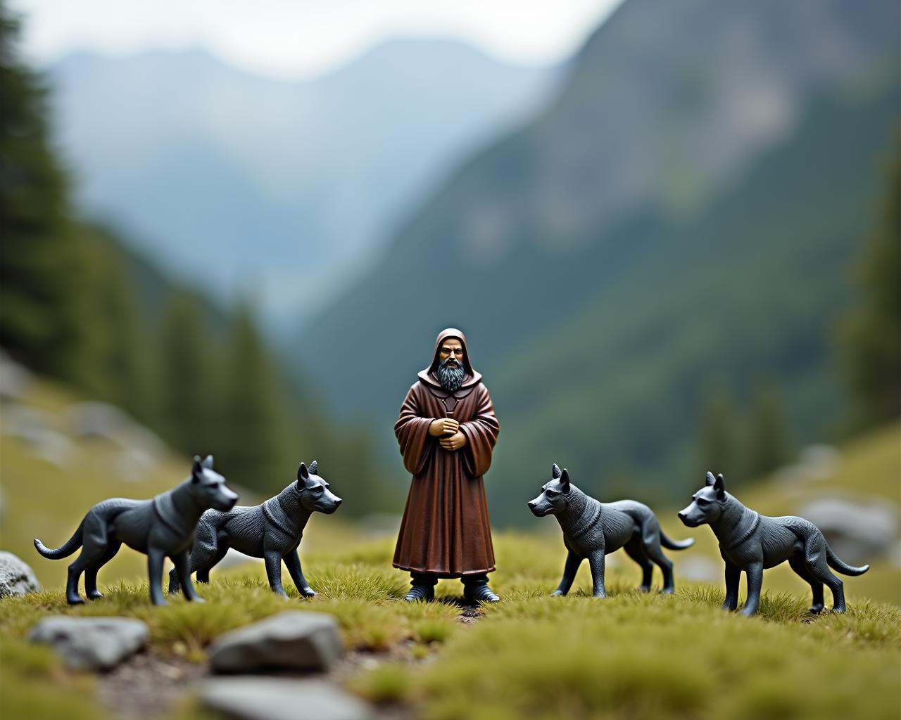 A photo-realistic depiction of a figurine scene featuring a lone figure of a man with a beard and a long beard,  wearing a...