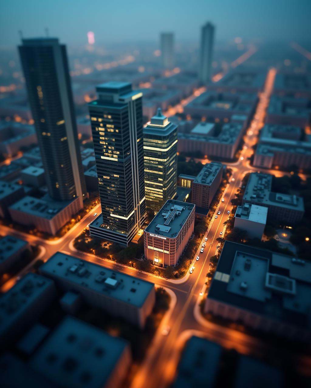 A photo-realistic shoot from a bird's eye view about an urban landscape at night,  featuring a cityscape with multiple bui...