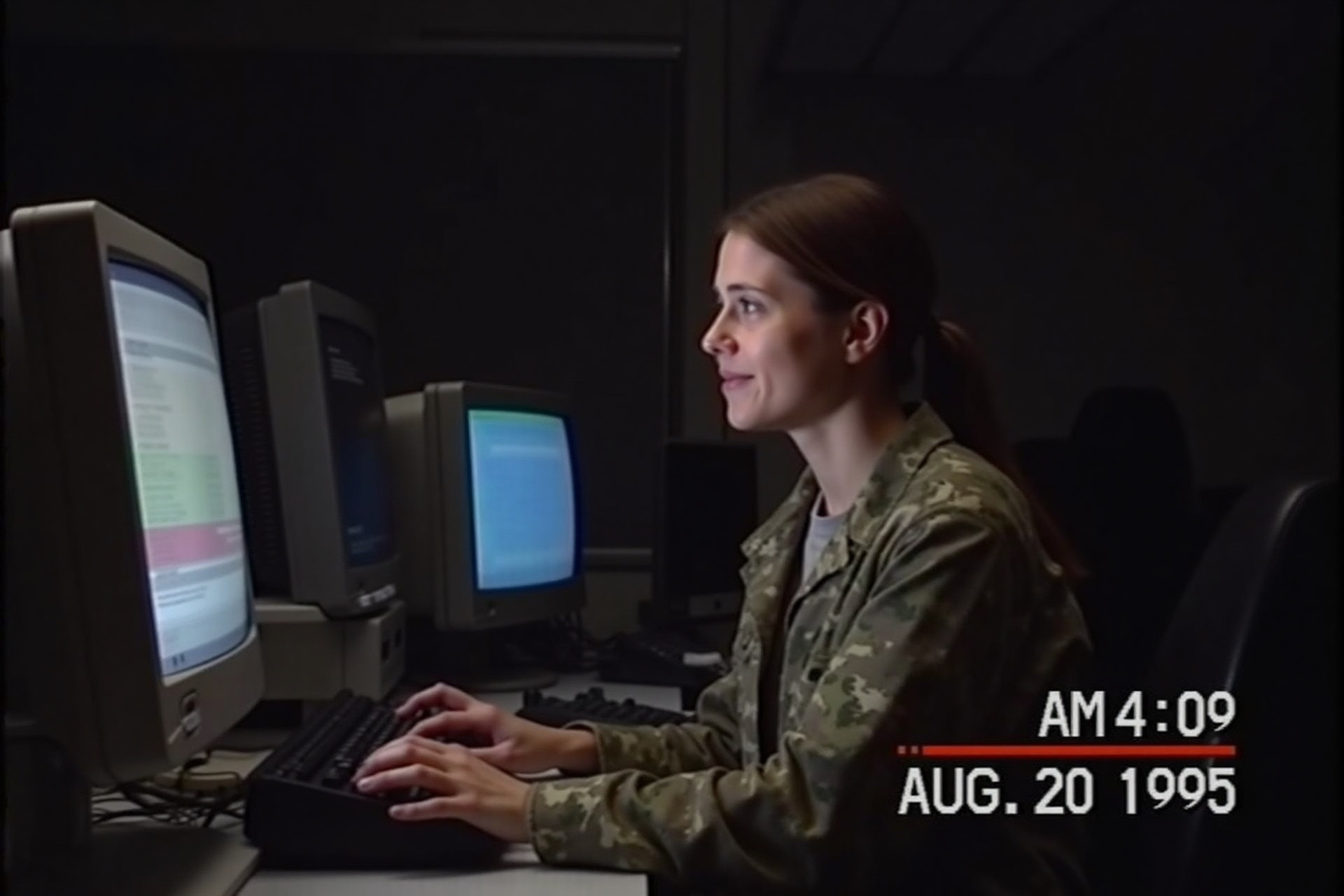 vhsc0re,  a woman in a camouflage uniform works in a dark office,  illuminated by the glow of old computer monitors on Ten...