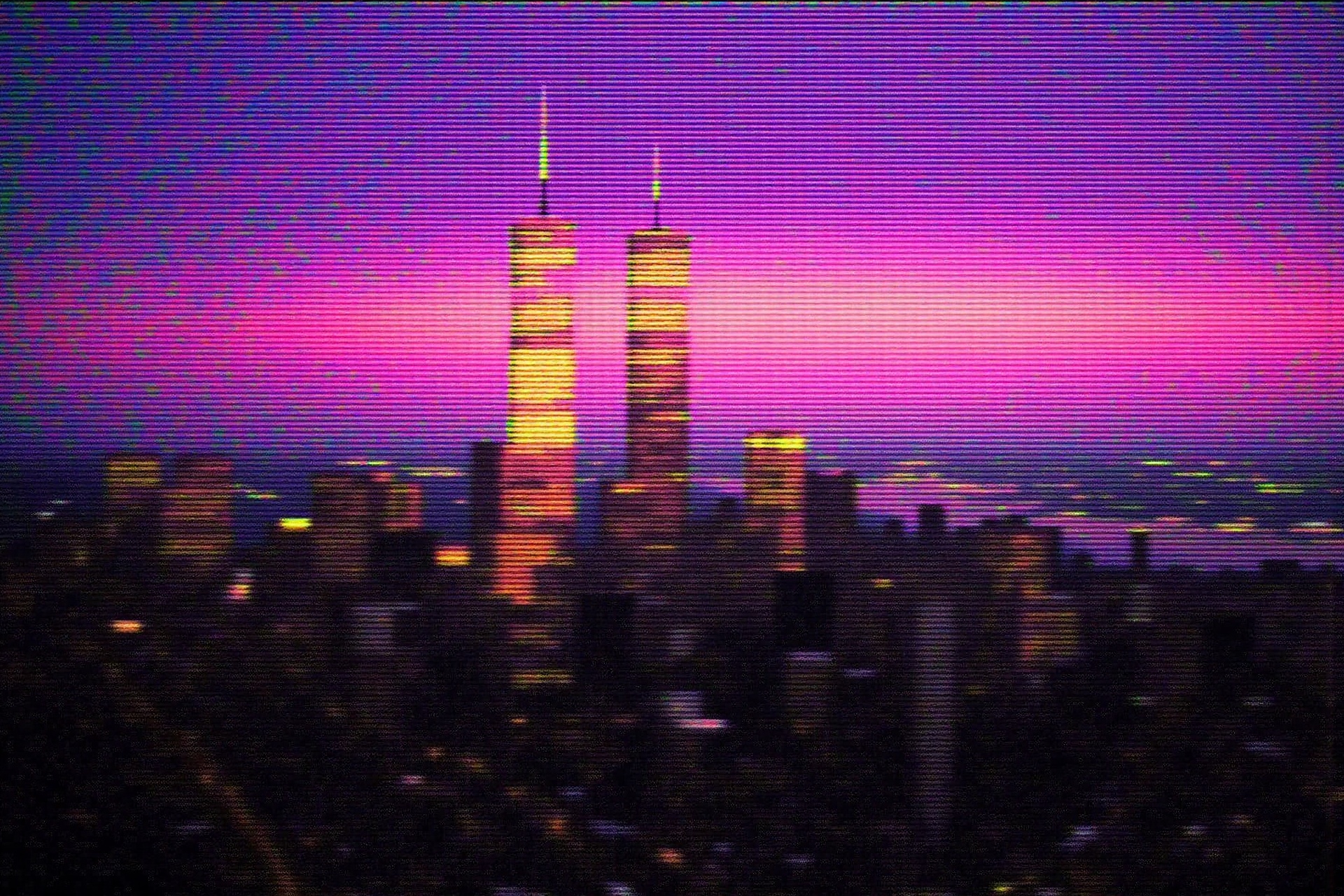 vhsc0re,  a sunset view of the New York City skyline including the Twin Towers is deeply corrupted by severe horizontal tr...