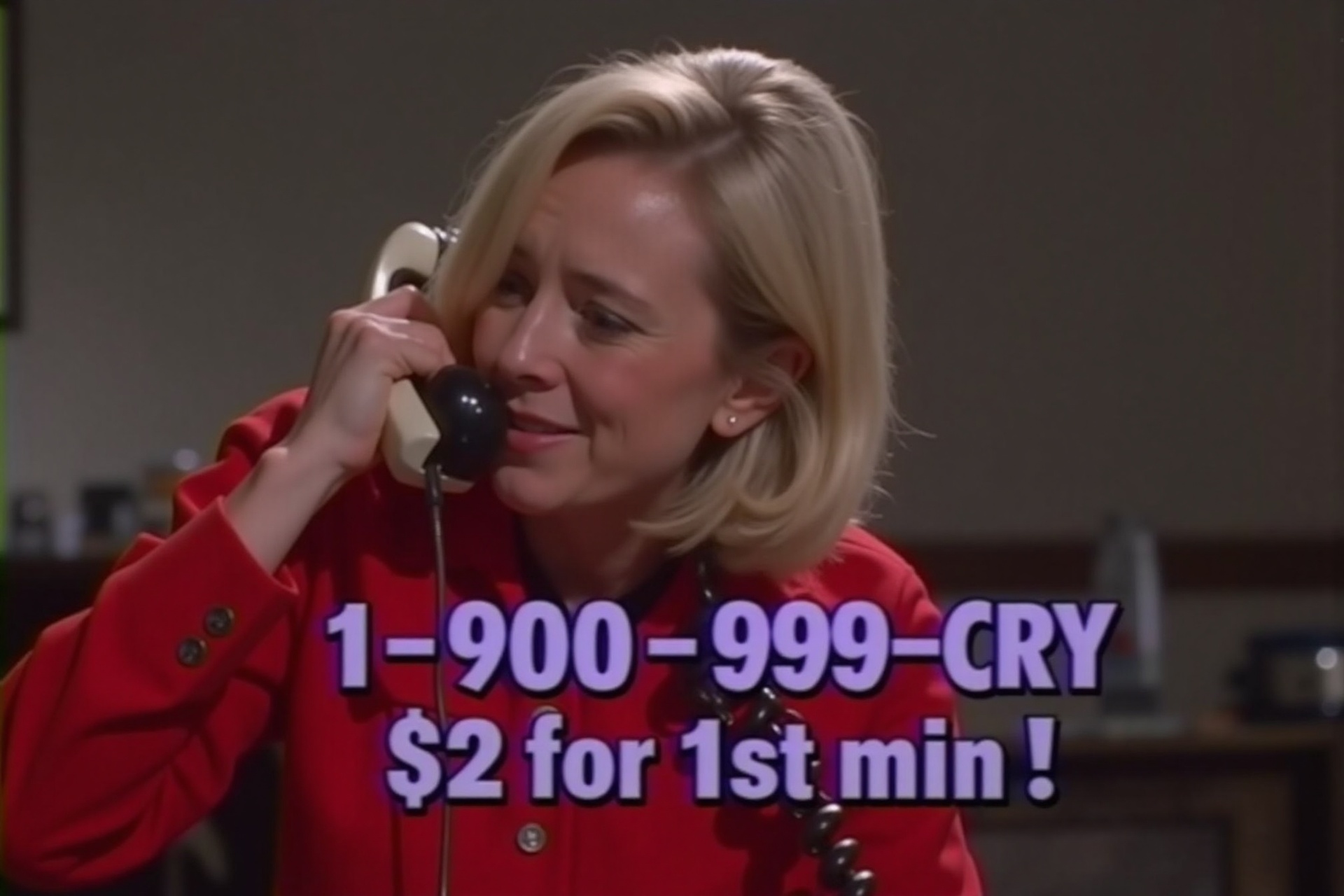 vhsc0re,  a distressed blonde woman in a red jacket holds a telephone in a late-night commercial promoting "1-900-9099-CRY...