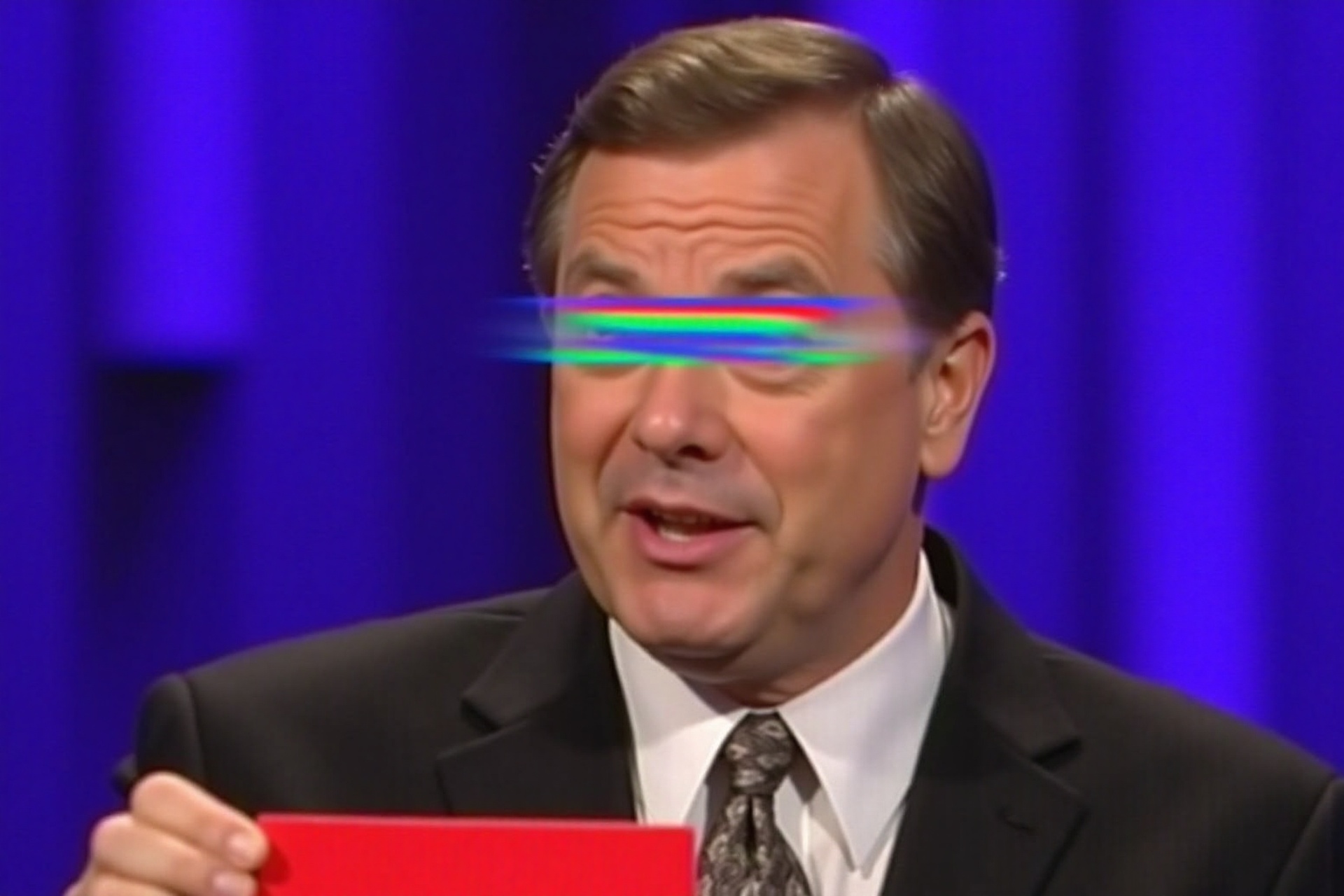 vhsc0re,  a game show host in a suit holds a red card against a vibrant purple set,  his eyes completely obscured by a sev...