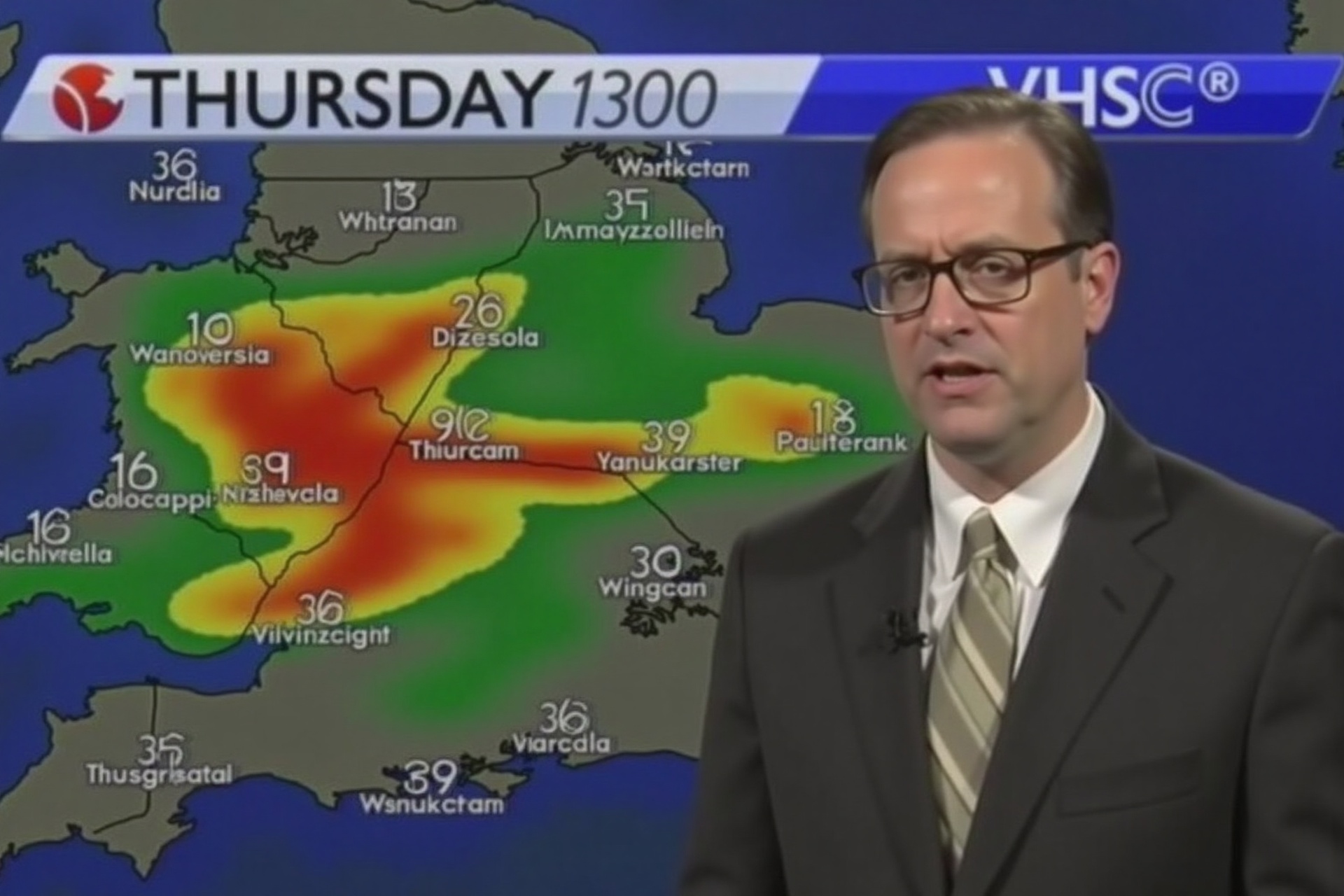 vhsc0re,  a weatherman in a suit and glasses presents the forecast in front of a vibrant weather map with a "THURSDAY 1300...
