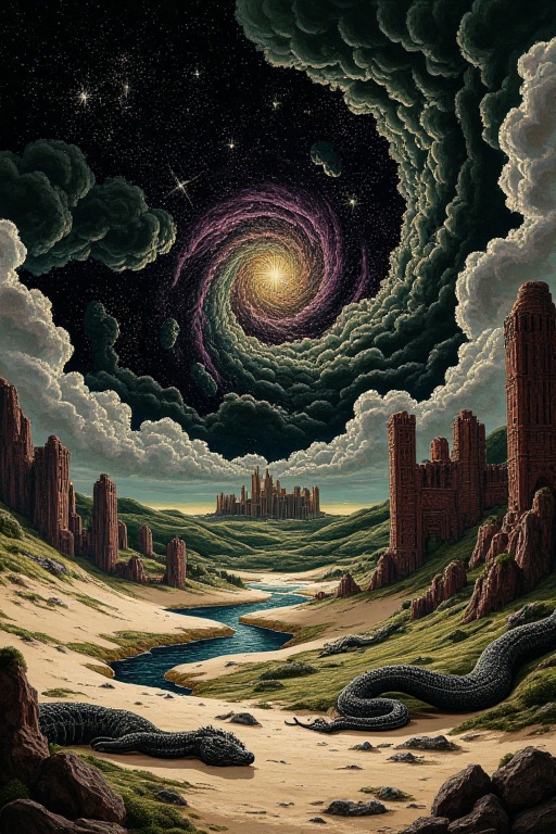 The image depicts a fantastical landscape with a dramatic sky filled with swirling clouds. The central part of the sky is...