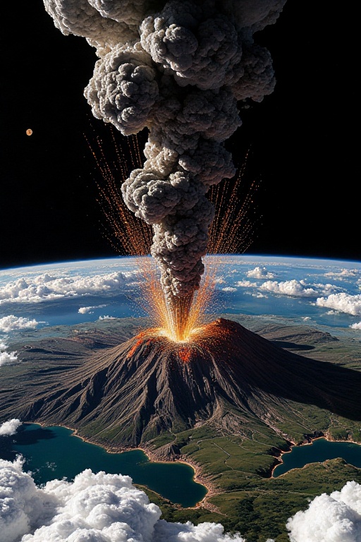 The image depicts a dramatic volcanic eruption viewed from space. At the center,  a massive plume of ash and smoke ascends...