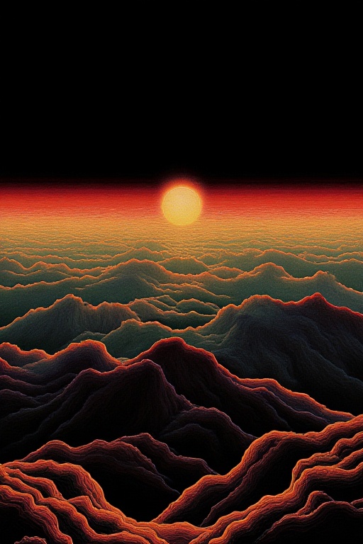 The image depicts a surreal landscape with a large,  glowing sun setting over a horizon filled with layered,  undulating m...