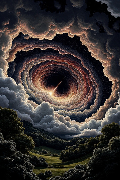 The image depicts a dramatic and vivid scene of a cosmic event. It features a swirling vortex of clouds in the sky,  with...