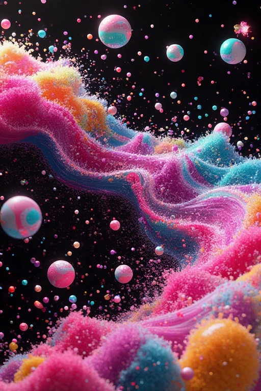 The image depicts a vibrant and dynamic scene filled with a variety of colorful,  spherical objects. These spheres range i...