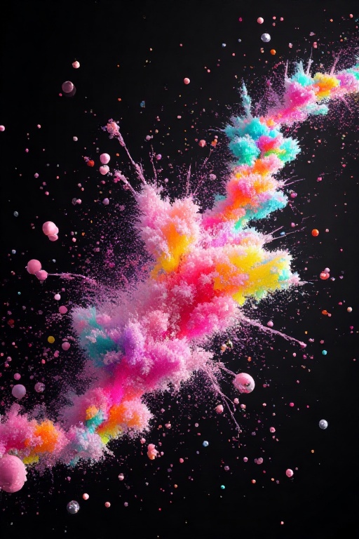 The image depicts a vibrant explosion of colors,  resembling a burst of paint or a colorful cloud. The colors are vivid an...