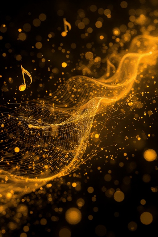 The image depicts a visually striking scene with a golden hue,  featuring numerous musical notes floating in a seemingly e...