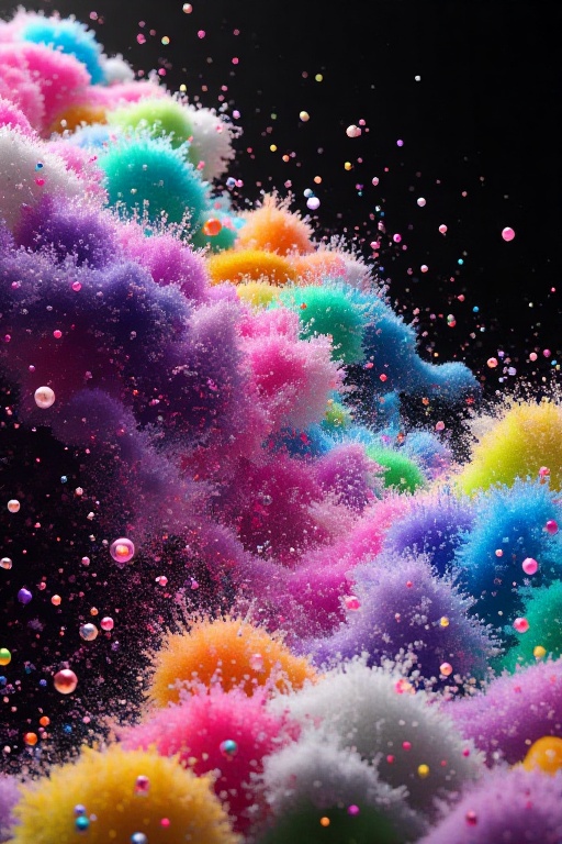 The image depicts a vibrant and dynamic scene filled with colorful,  cloud-like formations that appear to be in motion. Th...