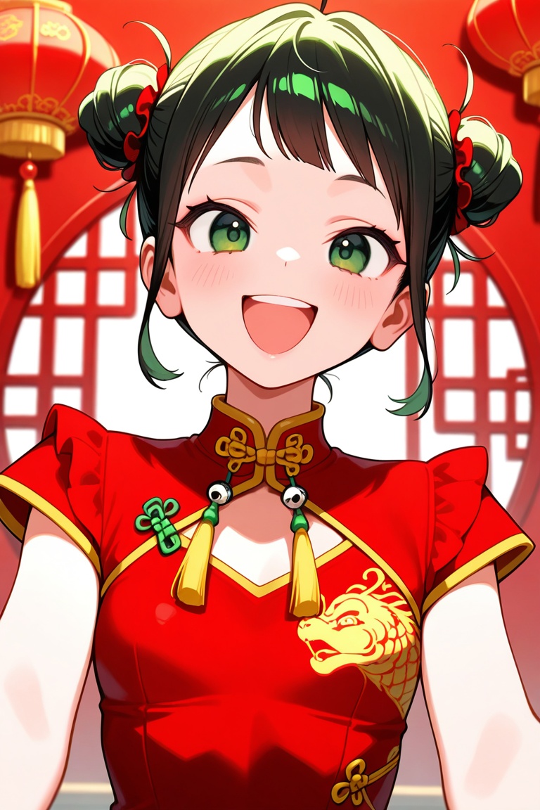 yaya_senda,  green eyes,  red chinese dress on Tensor.Art