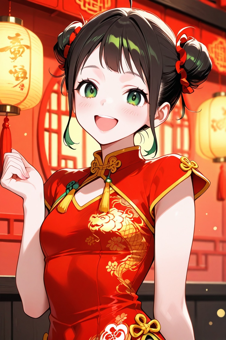 yaya_senda,  green eyes,  red chinese dress on Tensor.Art