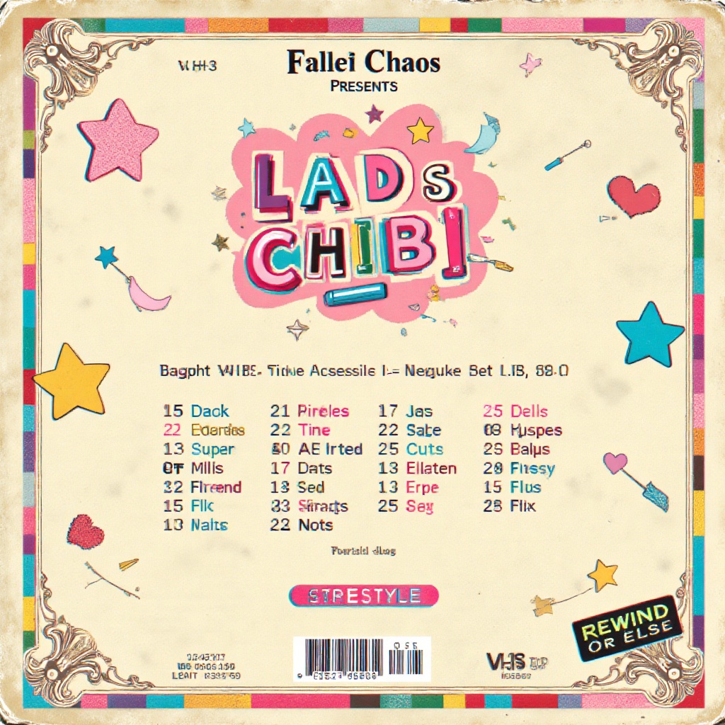 LaDS-CHIBI,  A whimsically nostalgic chibi anime illustration styled like the back of a vintage VHS tape. Layout mimics a...