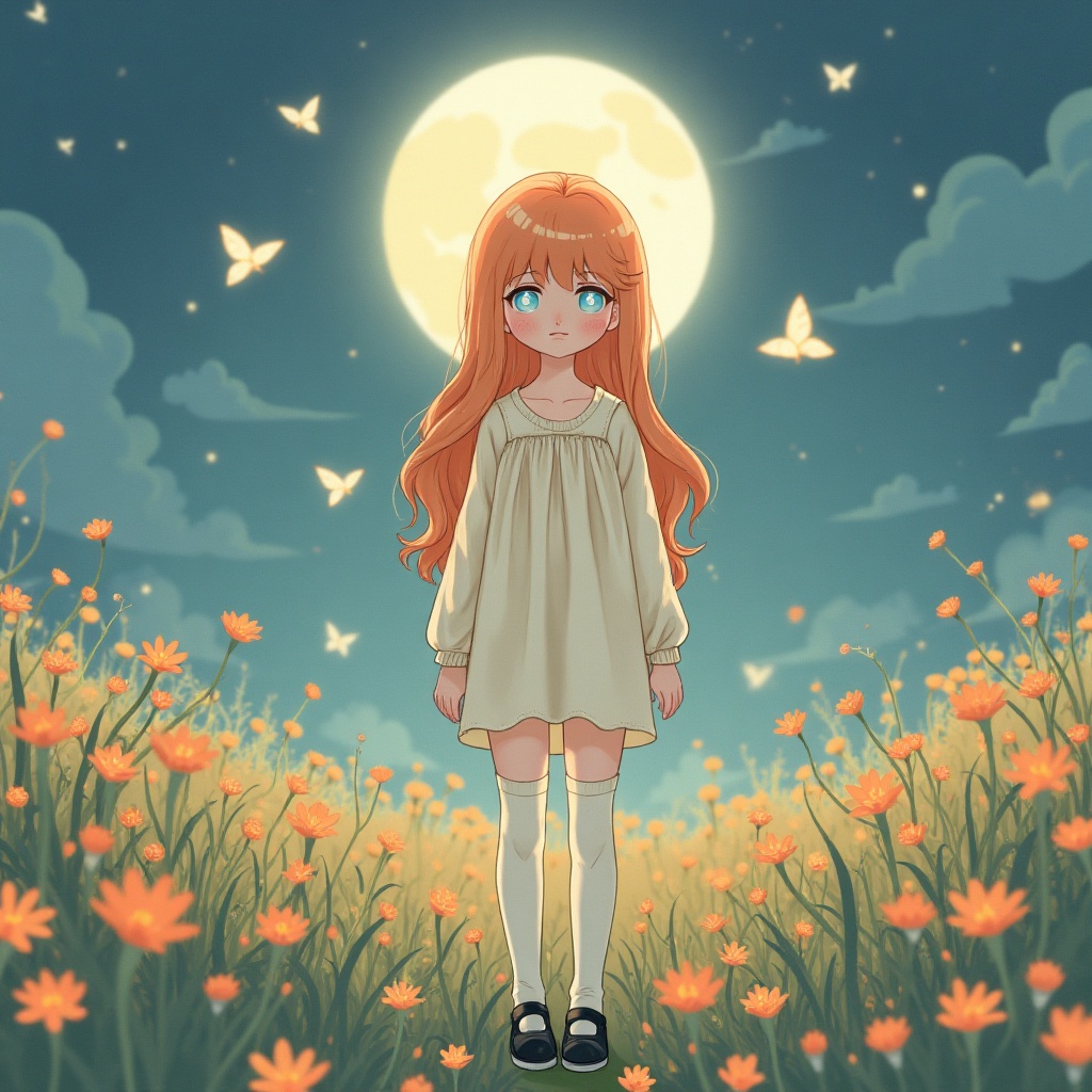 LaDS-CHIBI,  A whimsically eerie anime illustration of a 24-year-old woman standing alone in a moonlit field of wildflower...