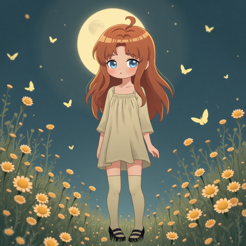 LaDS-CHIBI,  A whimsically eerie anime illustration of a 24-year-old woman standing alone in a moonlit field of wildflower...