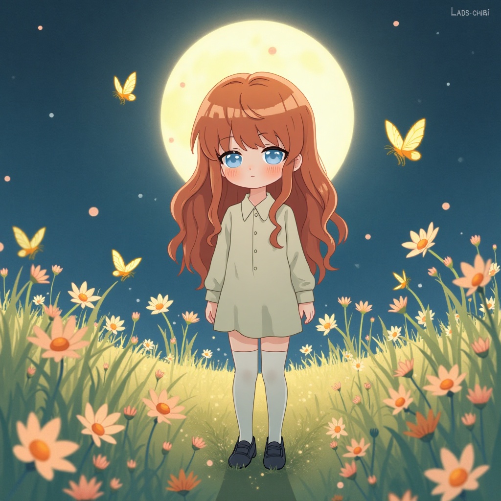 LaDS-CHIBI,  A whimsically eerie anime illustration of a 24-year-old woman standing alone in a moonlit field of wildflower...